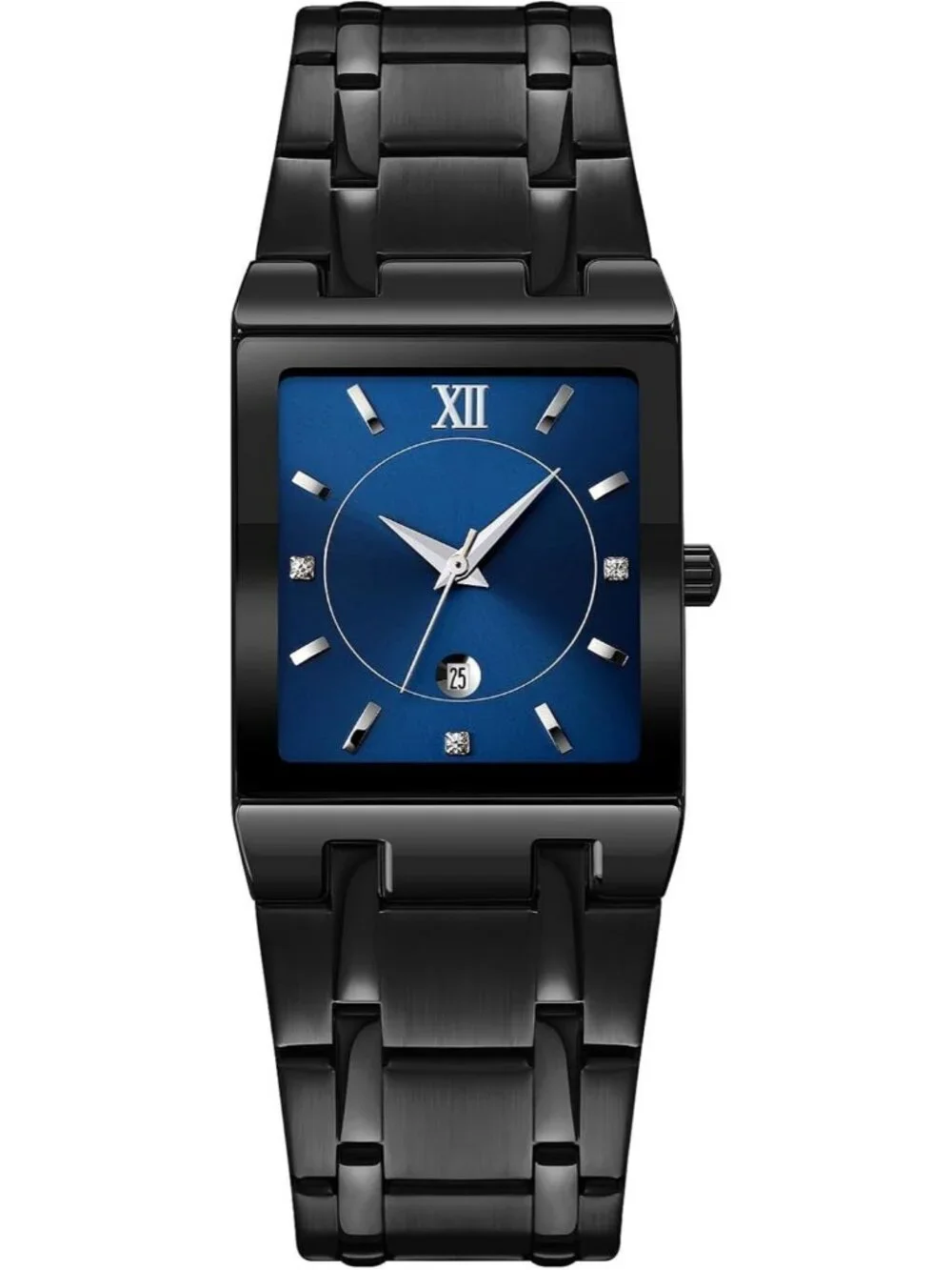 Men's Black Blue Square Dial Waterproof Analog Quartz Stainless Steel Watches